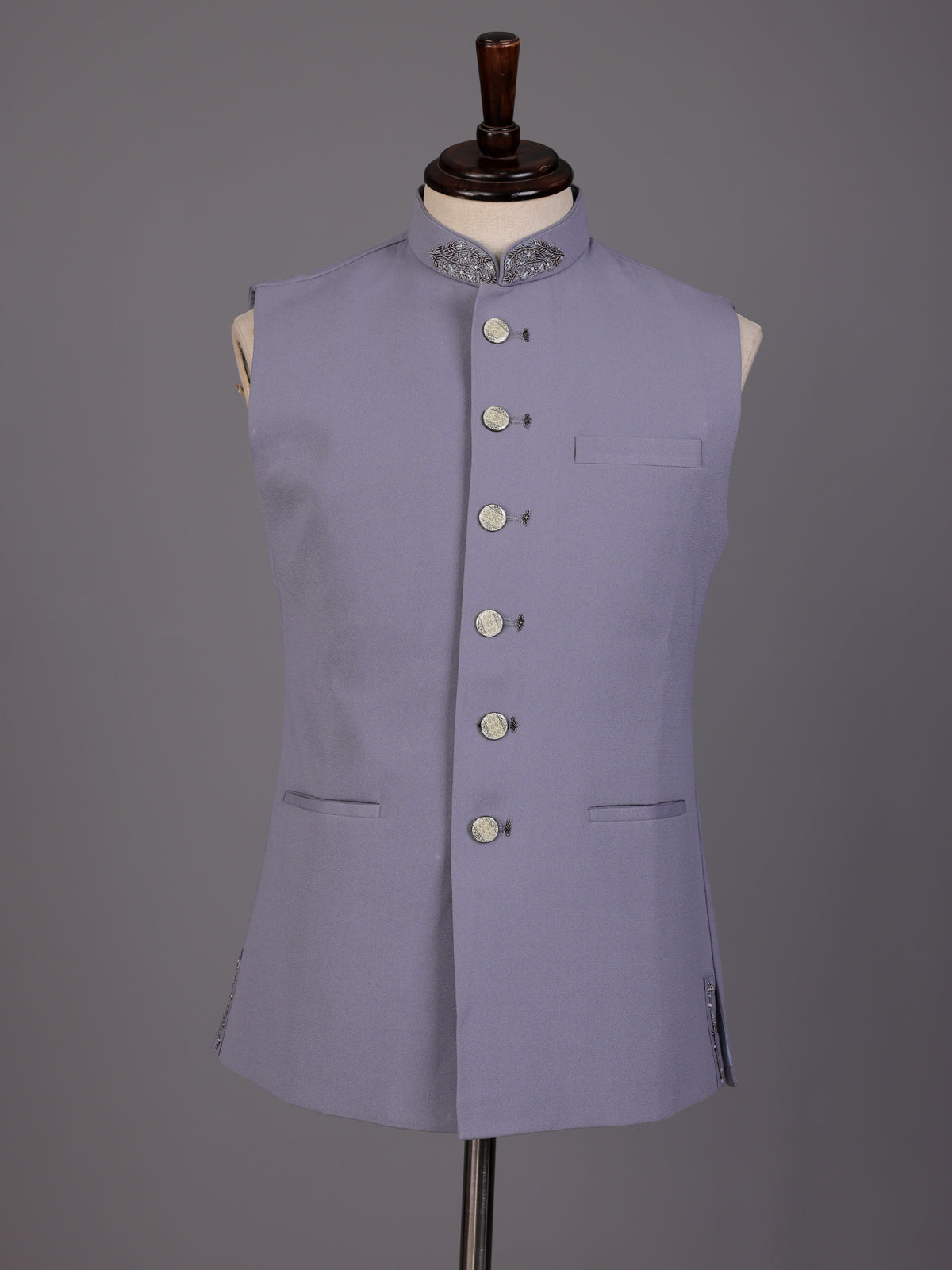 Lilac purple embellished collar waistcoat with metallic buttons for mens