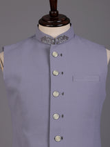 Lilac purple embellished collar waistcoat with metallic buttons for mens