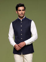Navy blue embroidered collar waistcoat with zardosi detailing for mens