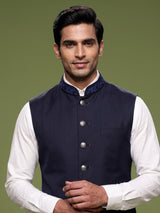 Navy blue embroidered collar waistcoat with zardosi detailing for mens