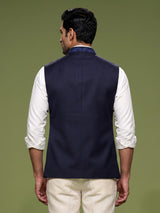 Navy blue embroidered collar waistcoat with zardosi detailing for mens