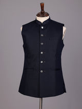 Navy blue embroidered collar waistcoat with zardosi detailing for mens