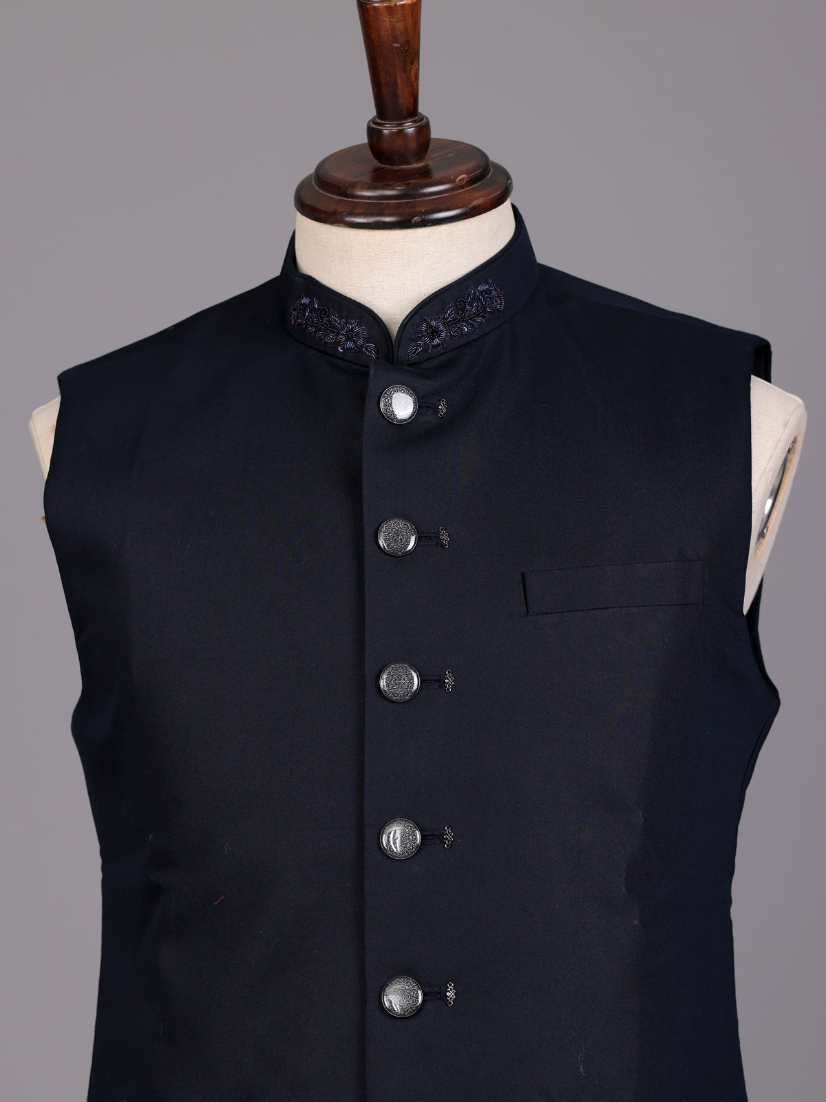 Navy blue embroidered collar waistcoat with zardosi detailing for mens