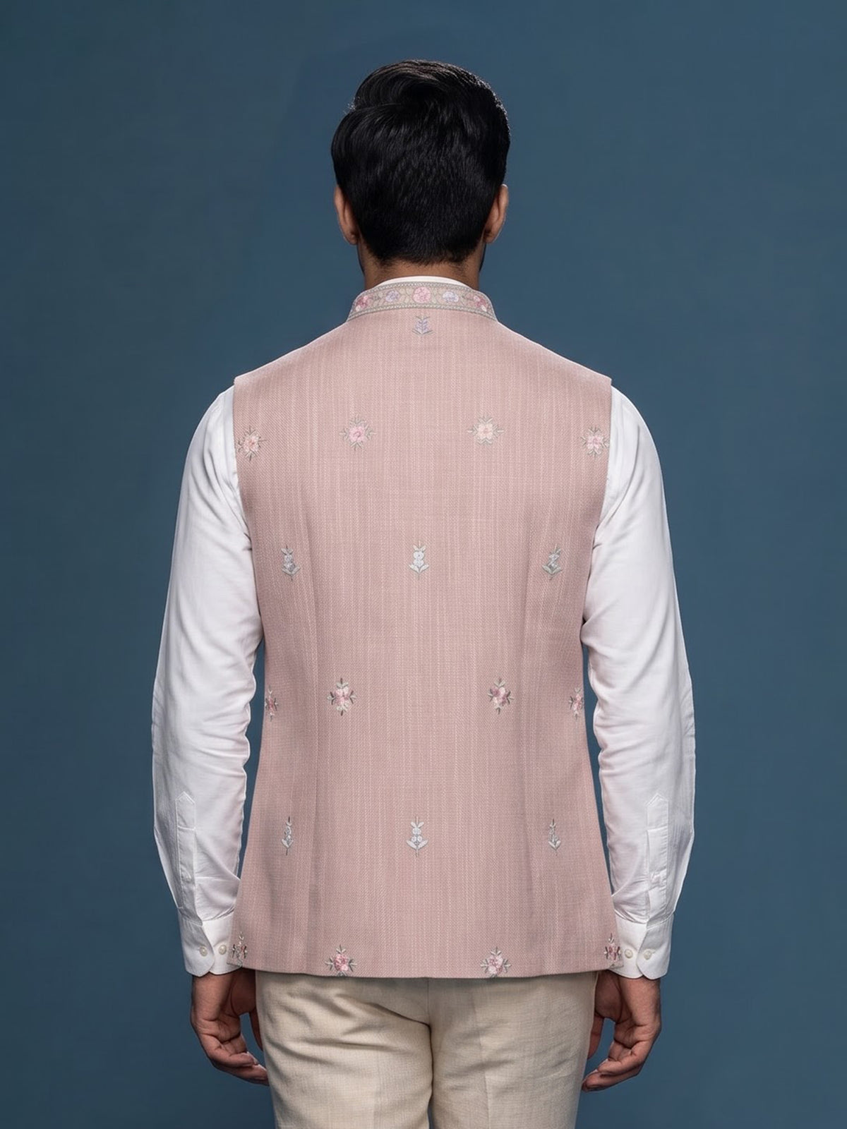 Light peach silk-linen waistcoat with contrast floral embroidery for mens