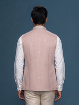 Light peach silk-linen waistcoat with contrast floral embroidery for mens