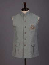 Grey textured safari waistcoat with zardosi embellished chest pocket