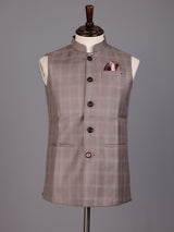 Beige windowpane textured waistcoat with satin pocket square for mens