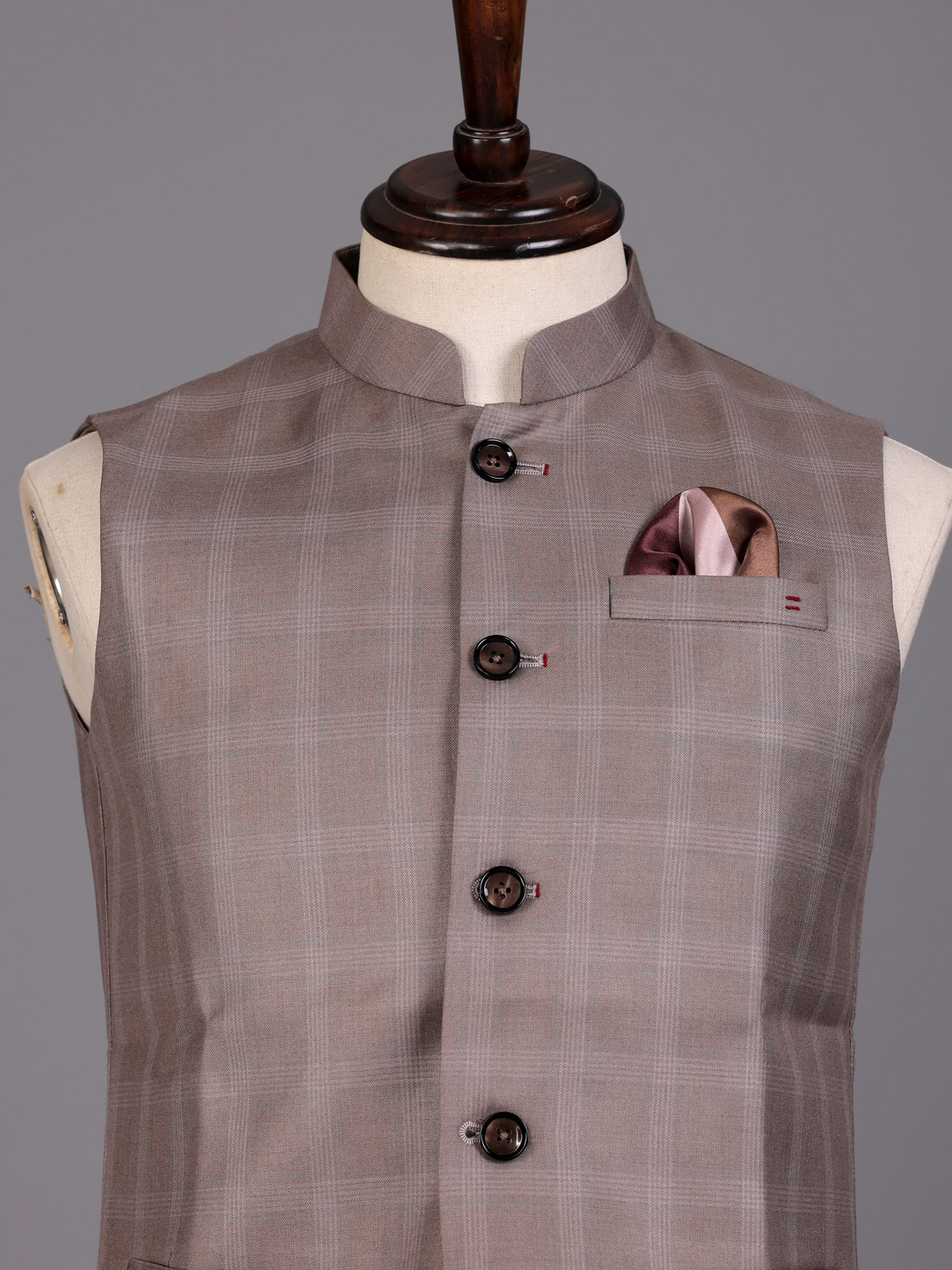 Beige windowpane textured waistcoat with satin pocket square for mens