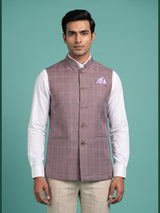 Dusty onion pink windowpane waistcoat with satin pocket square