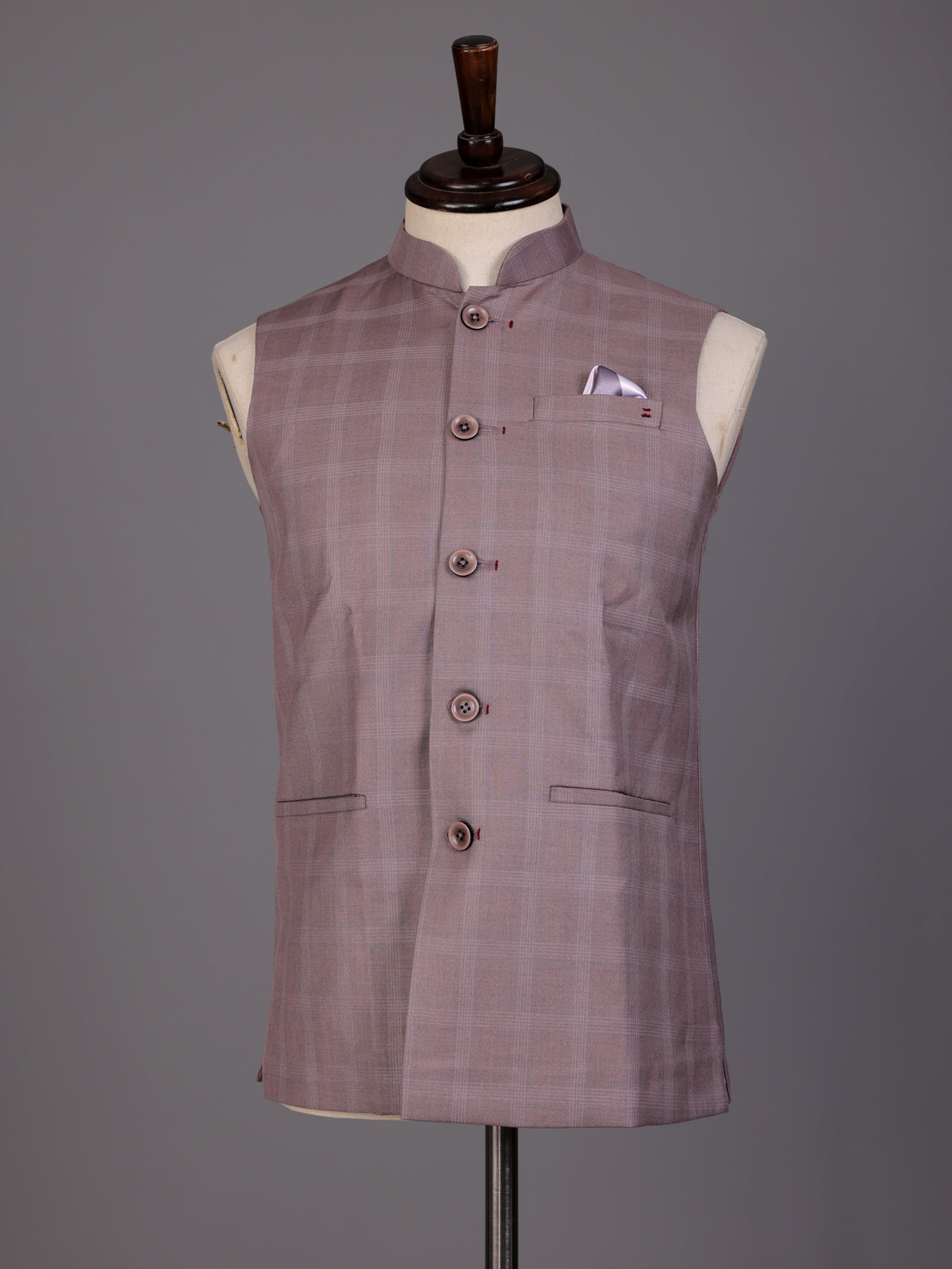 Dusty onion pink windowpane waistcoat with satin pocket square