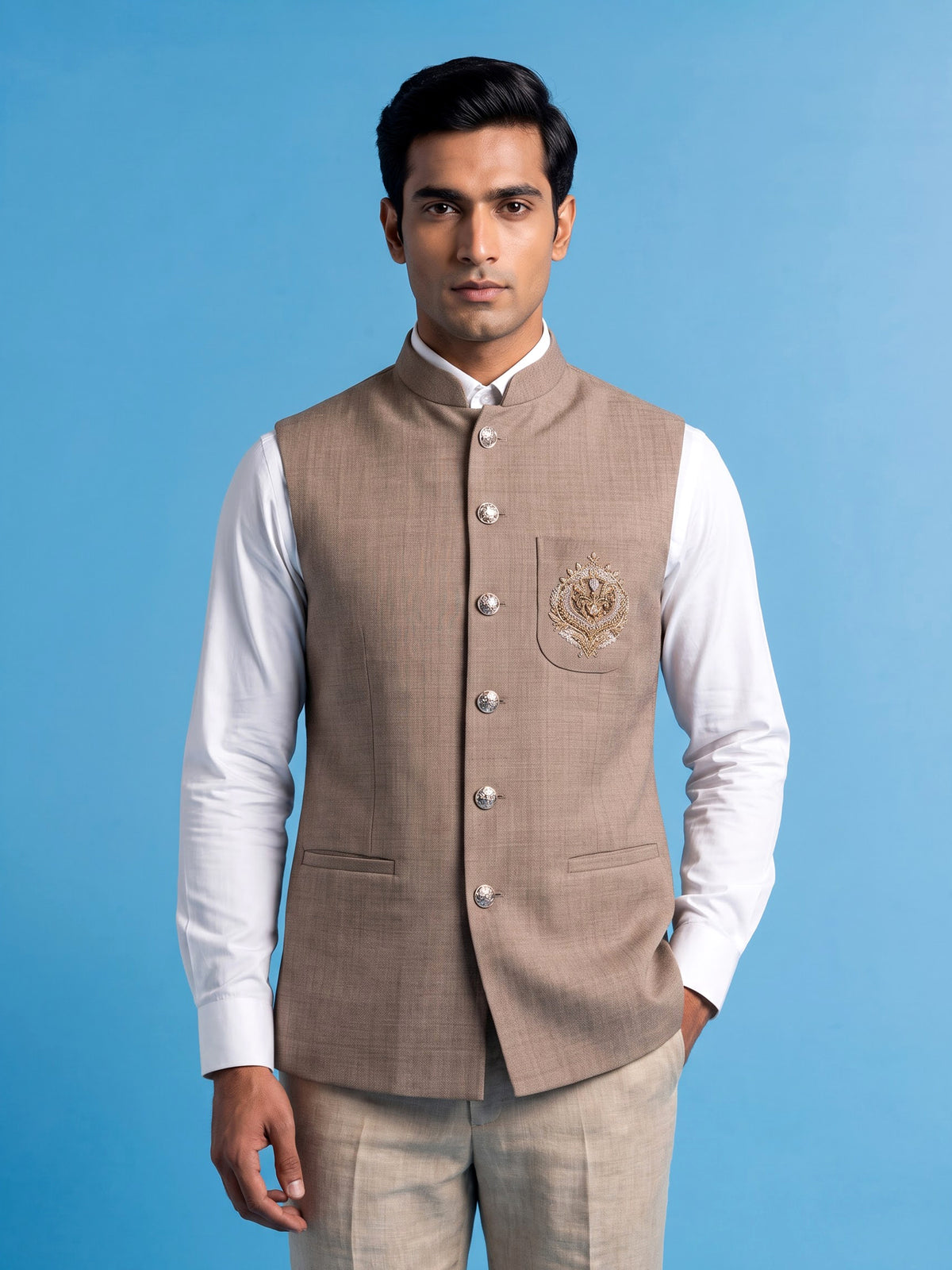 Dark beige textured waistcoat with zardosi safari pocket detailing