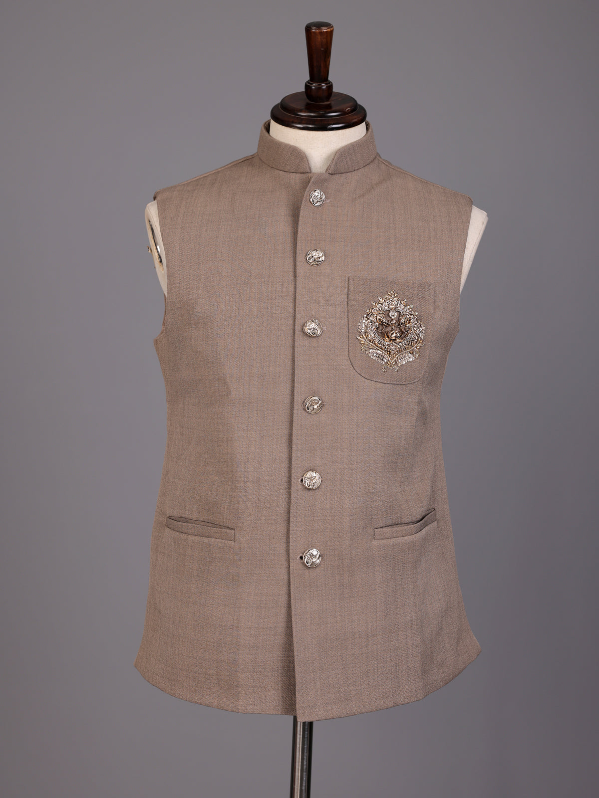 Dark beige textured waistcoat with zardosi safari pocket detailing