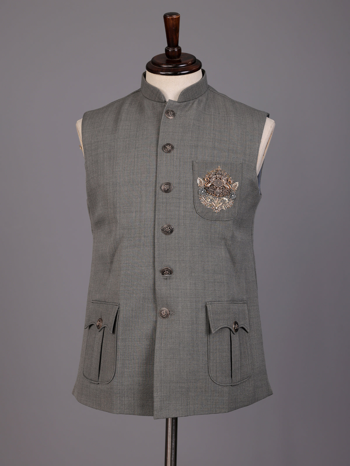 Grey textured zardosi waistcoat with safari pocket detailing for mens