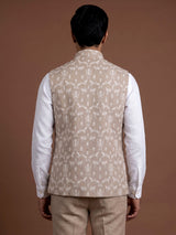 Beige embroidered waistcoat with textured tonal buttons for mens weddings