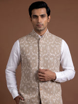 Beige embroidered waistcoat with textured tonal buttons for mens weddings