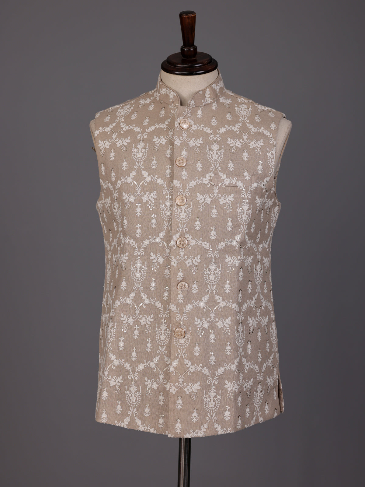 Beige embroidered waistcoat with textured tonal buttons for mens weddings