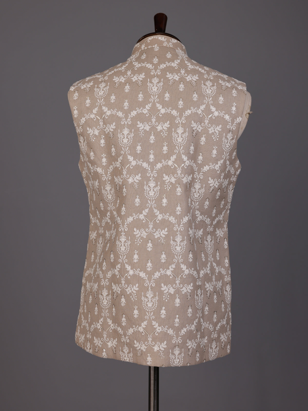 Beige embroidered waistcoat with textured tonal buttons for mens weddings