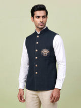 Navy blue royal crest waistcoat with zardosi embellishment for mens