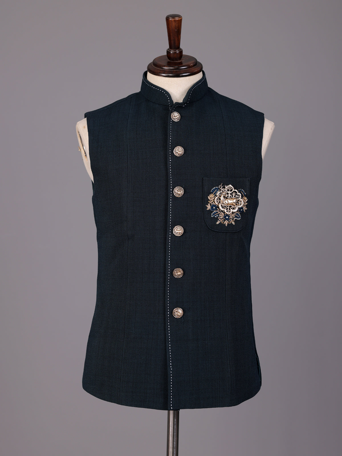 Navy blue royal crest waistcoat with zardosi embellishment for mens