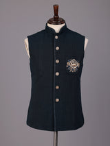 Navy blue royal crest waistcoat with zardosi embellishment for mens