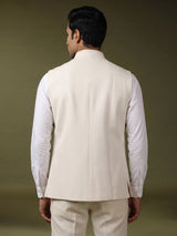 White pearl embellished waistcoat with antique gold buttons for mens