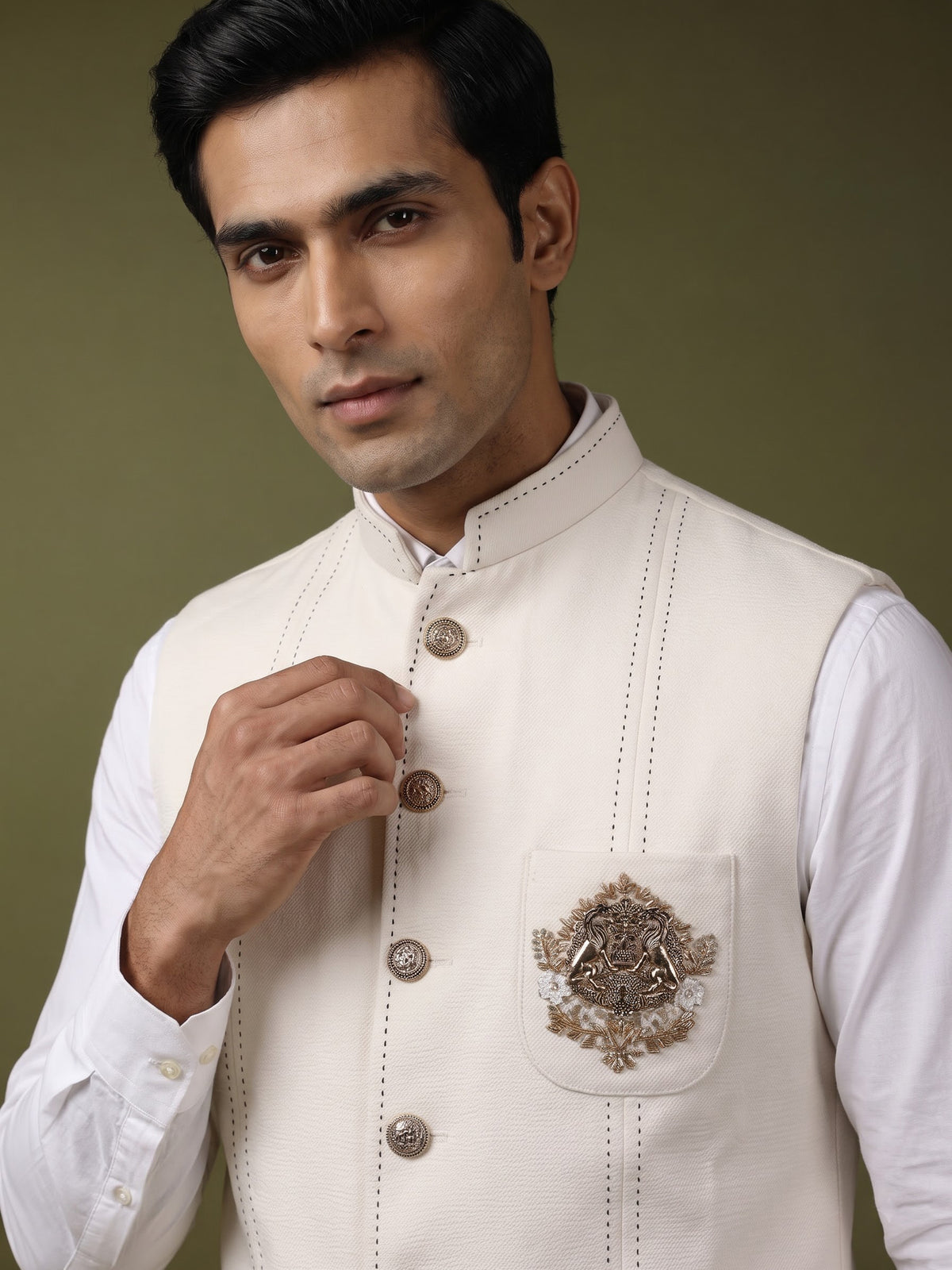 White pearl embellished waistcoat with antique gold buttons for mens