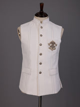 White pearl embellished waistcoat with antique gold buttons for mens