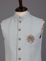 Light grey pearl embellished waistcoat with antique metallic buttons