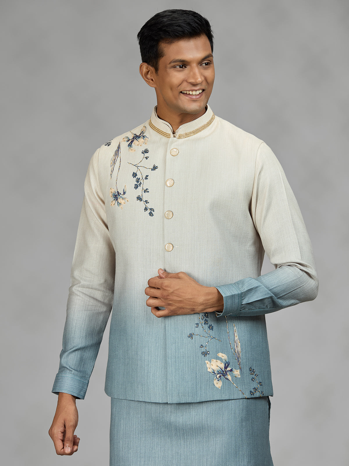 Powder blue floral mens waistcoat set