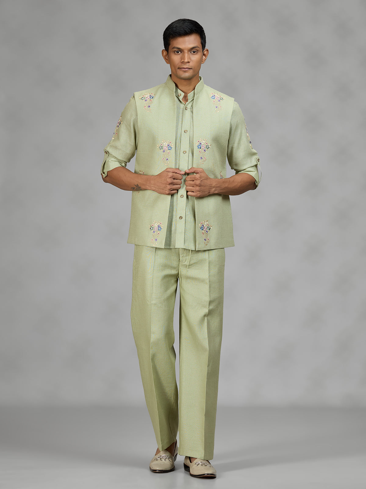 Pista green floral mens waistcoat set