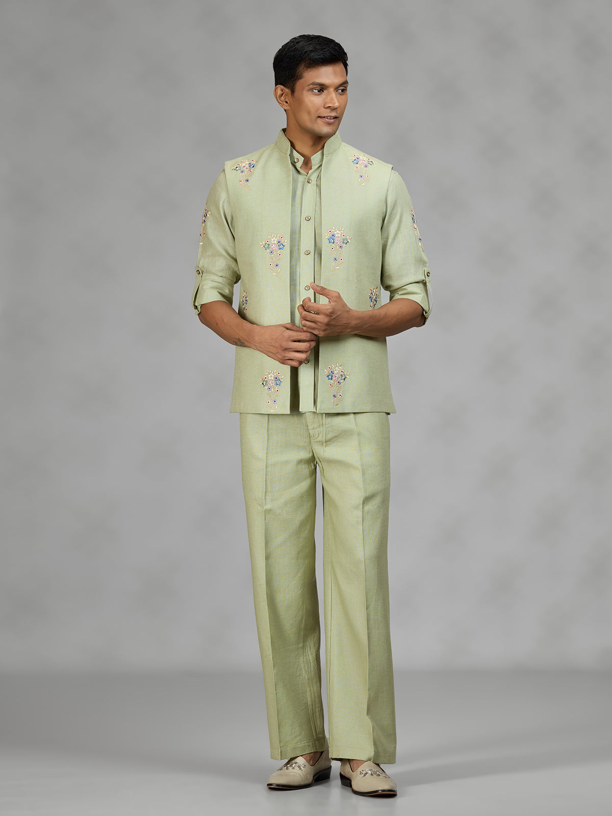 Pista green floral mens waistcoat set