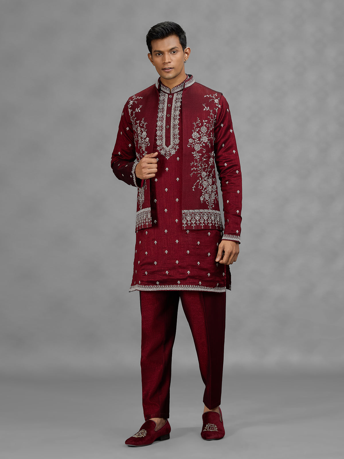 Maroon floral mens waistcoat set