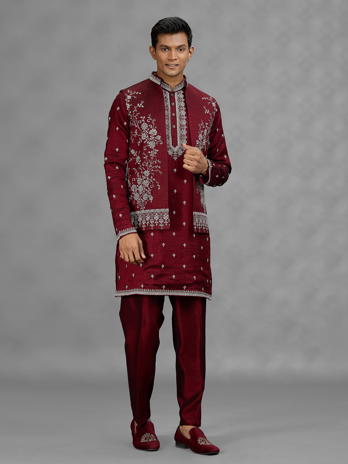 Maroon floral mens waistcoat set