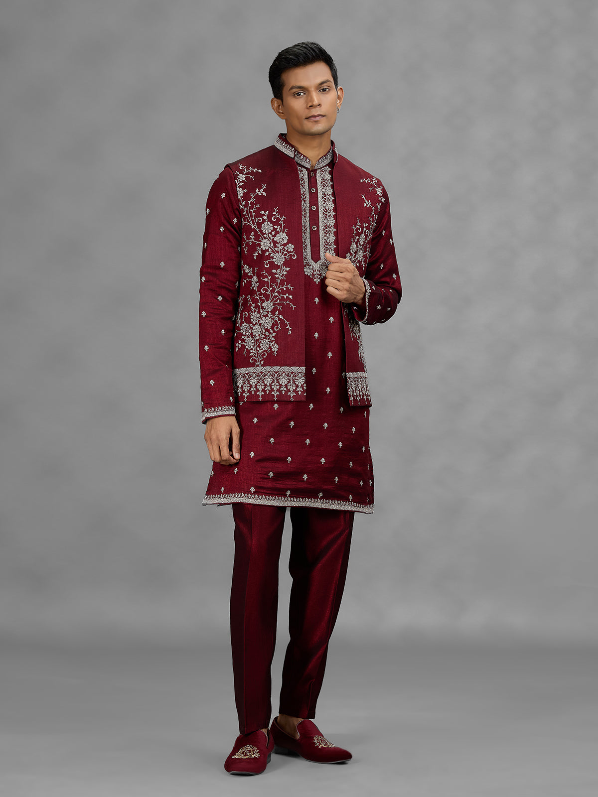 Maroon floral mens waistcoat set