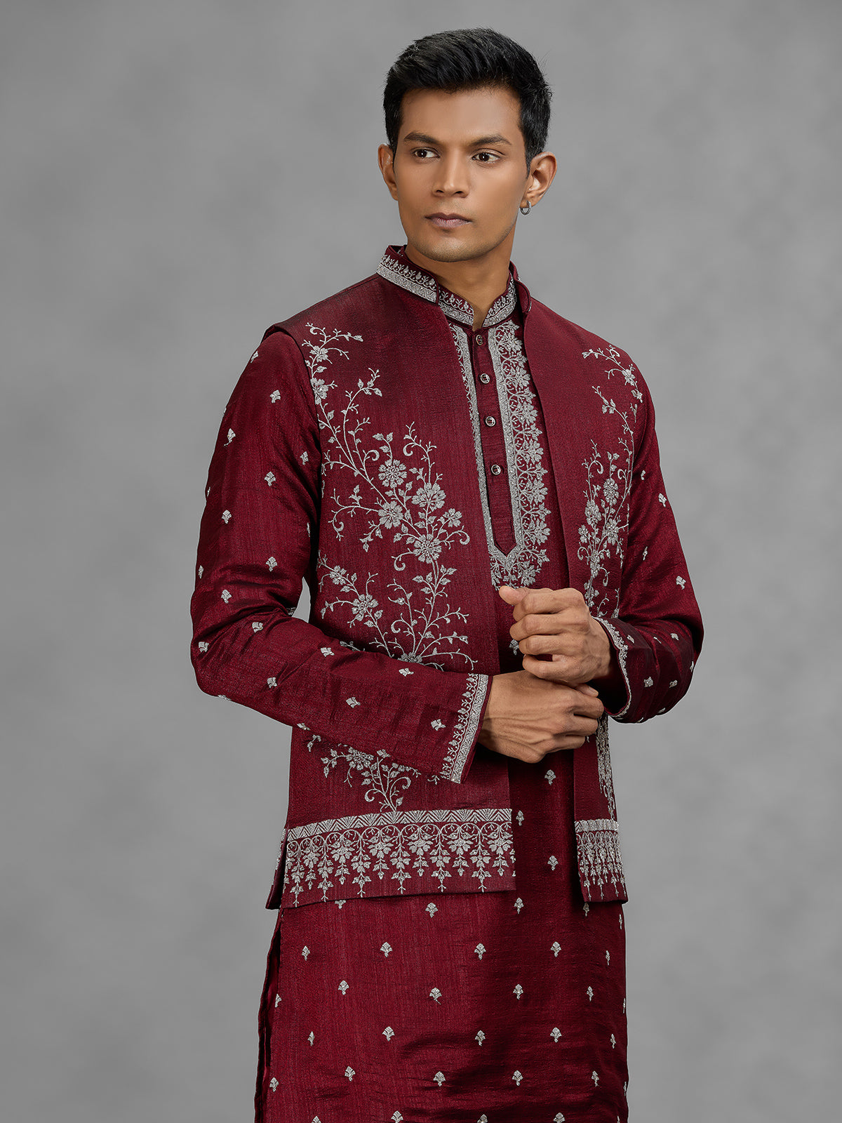 Maroon floral mens waistcoat set