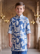 Cobalt blue printed boys kurta suit
