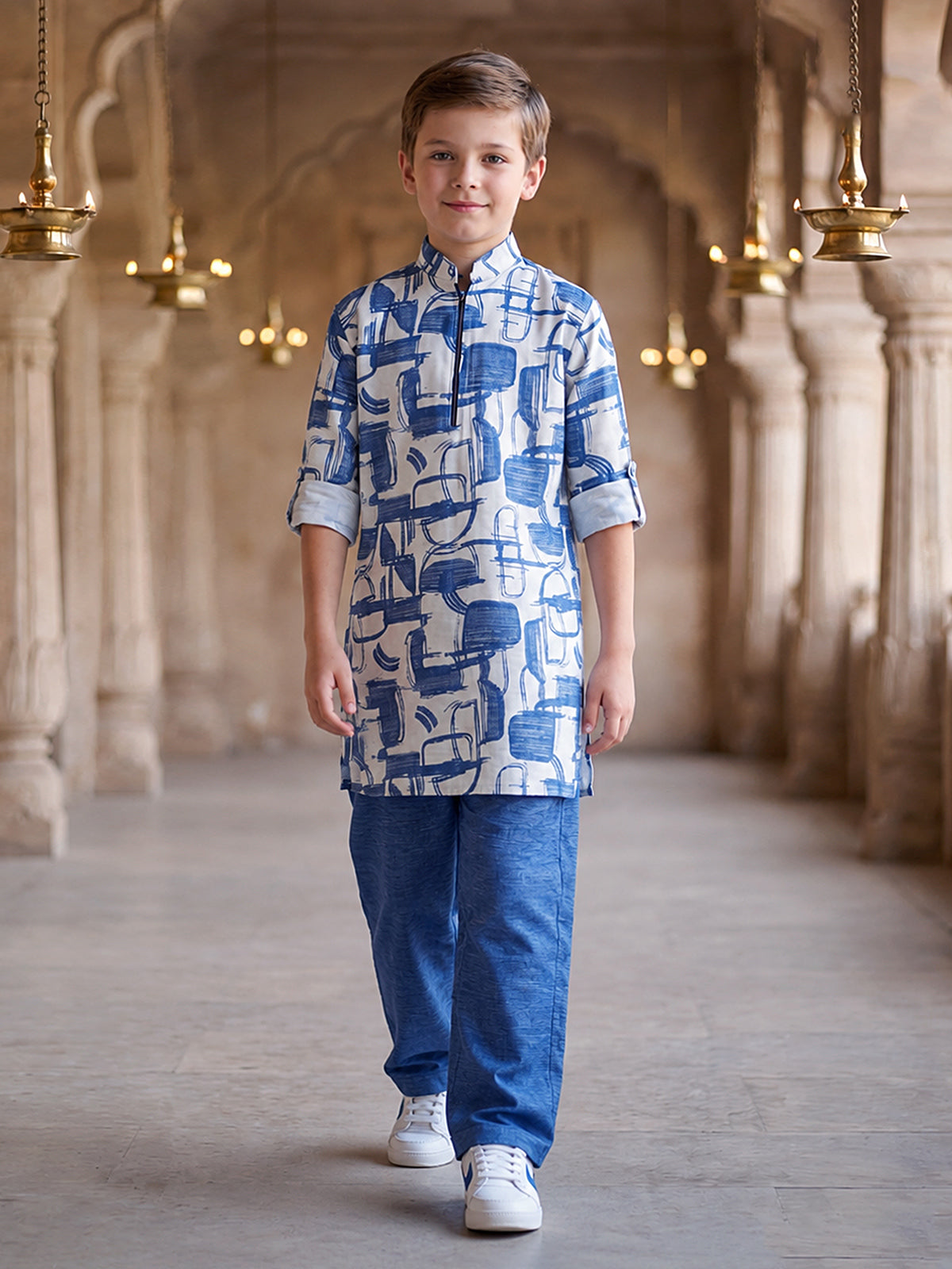 Cobalt blue printed boys kurta suit