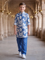 Cobalt blue printed boys kurta suit
