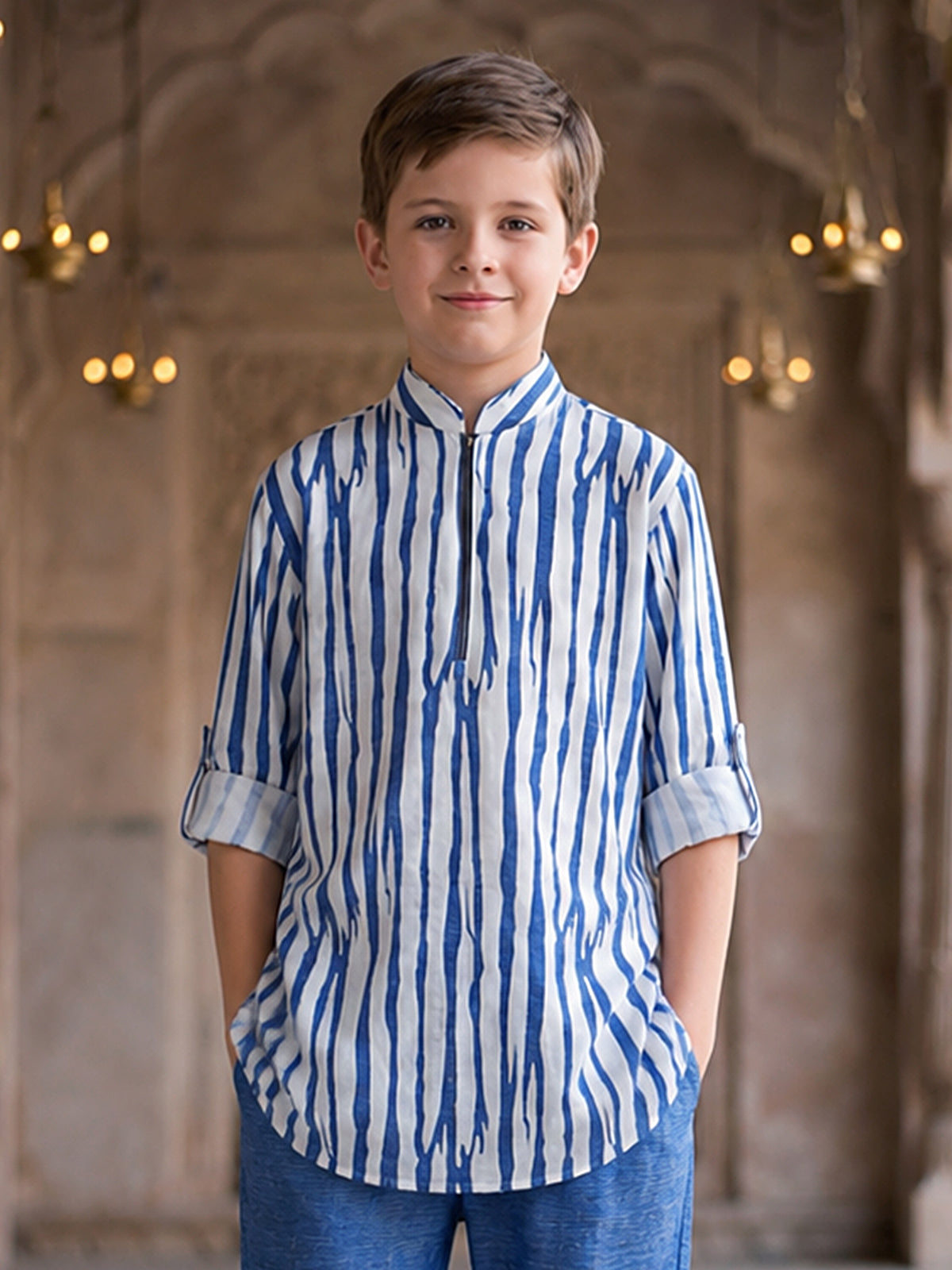 Blue white printed boys kurta suit