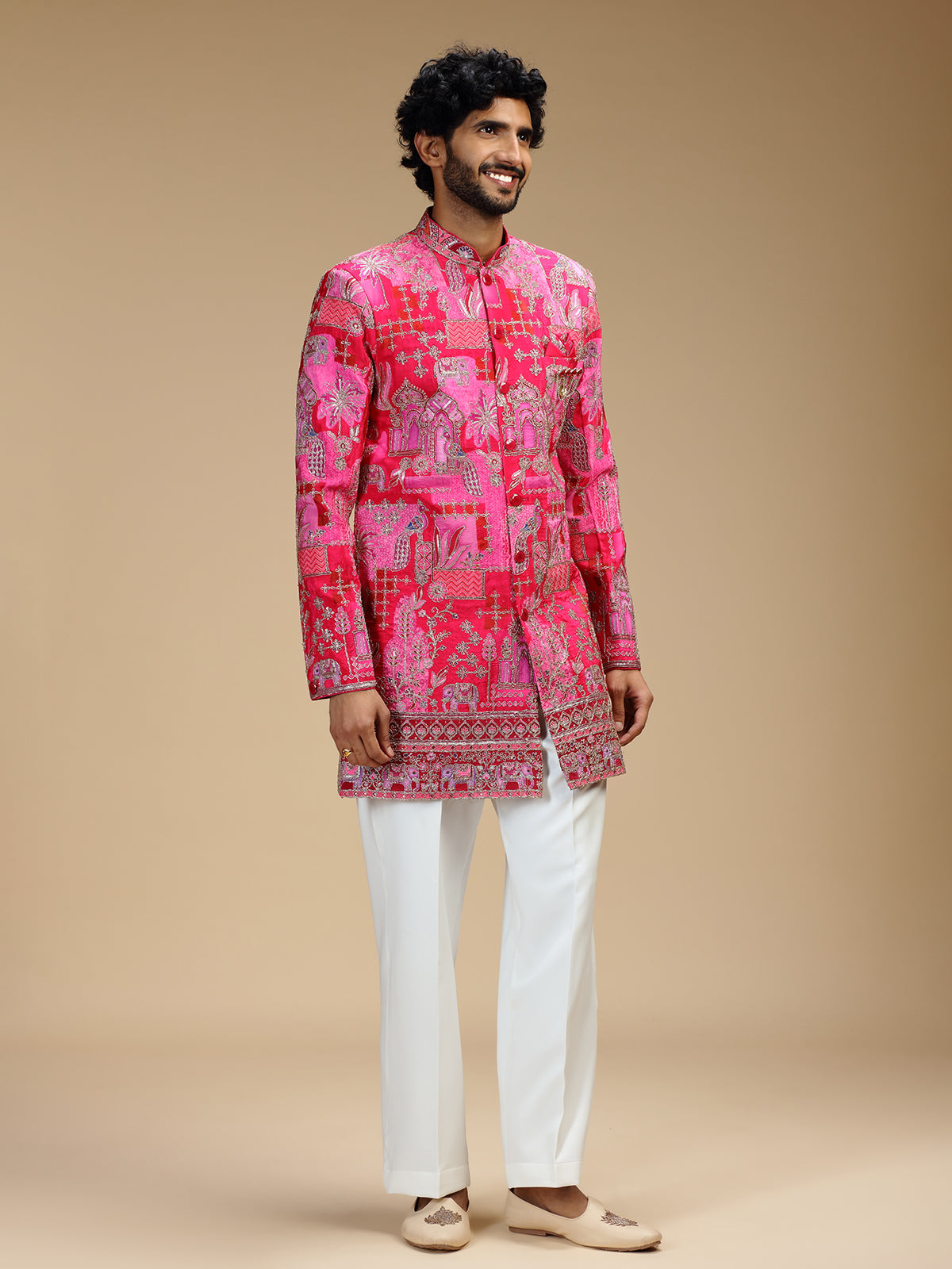Hot pink art silk mens indo western with print