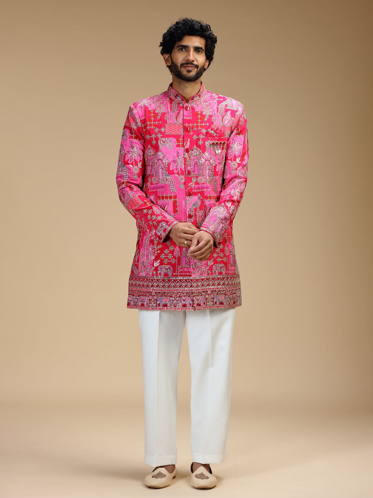 Hot pink art silk mens indo western with print