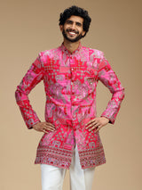 Hot pink art silk mens indo western with print