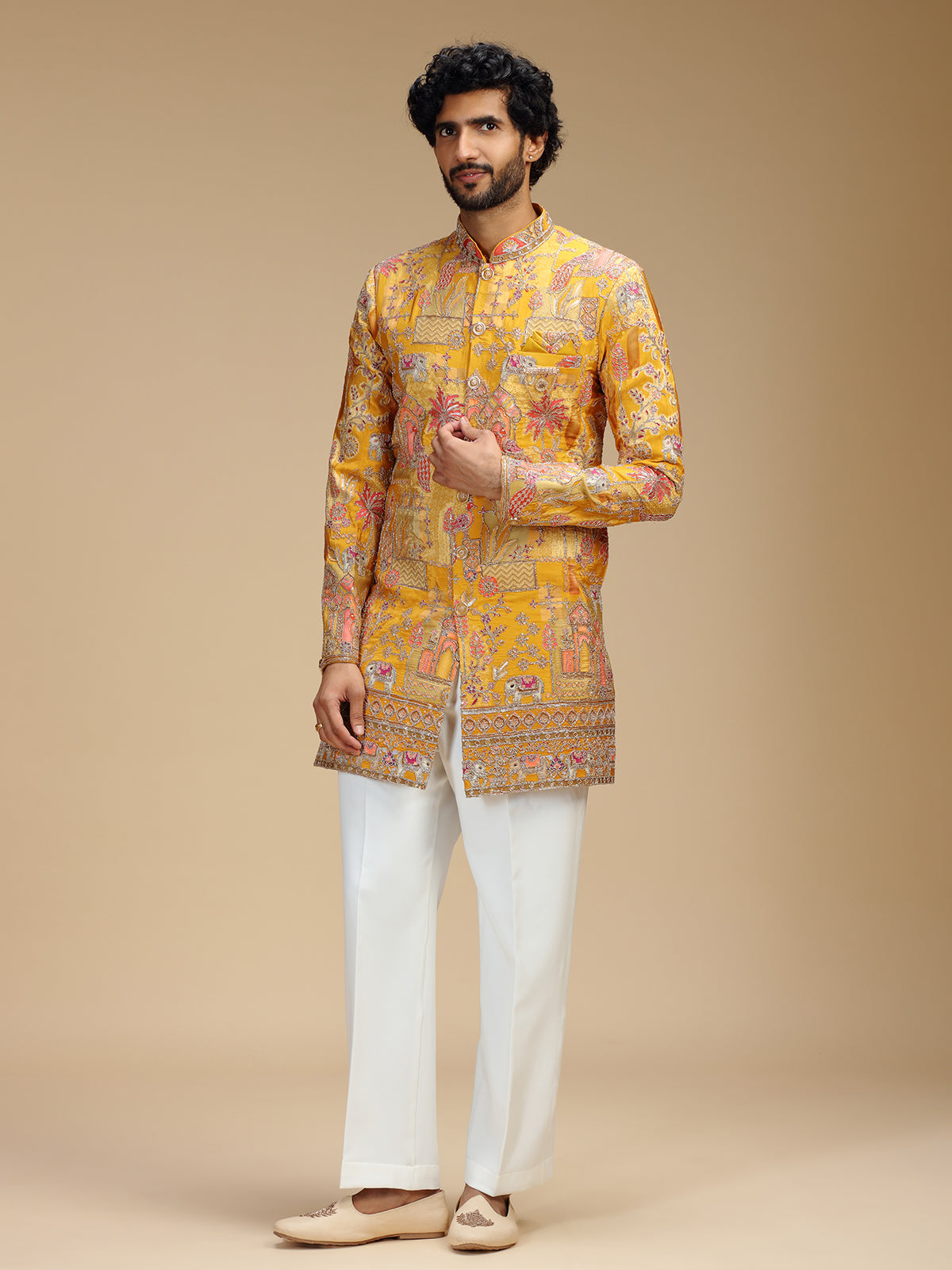 Yellow art silk mens indo western with print