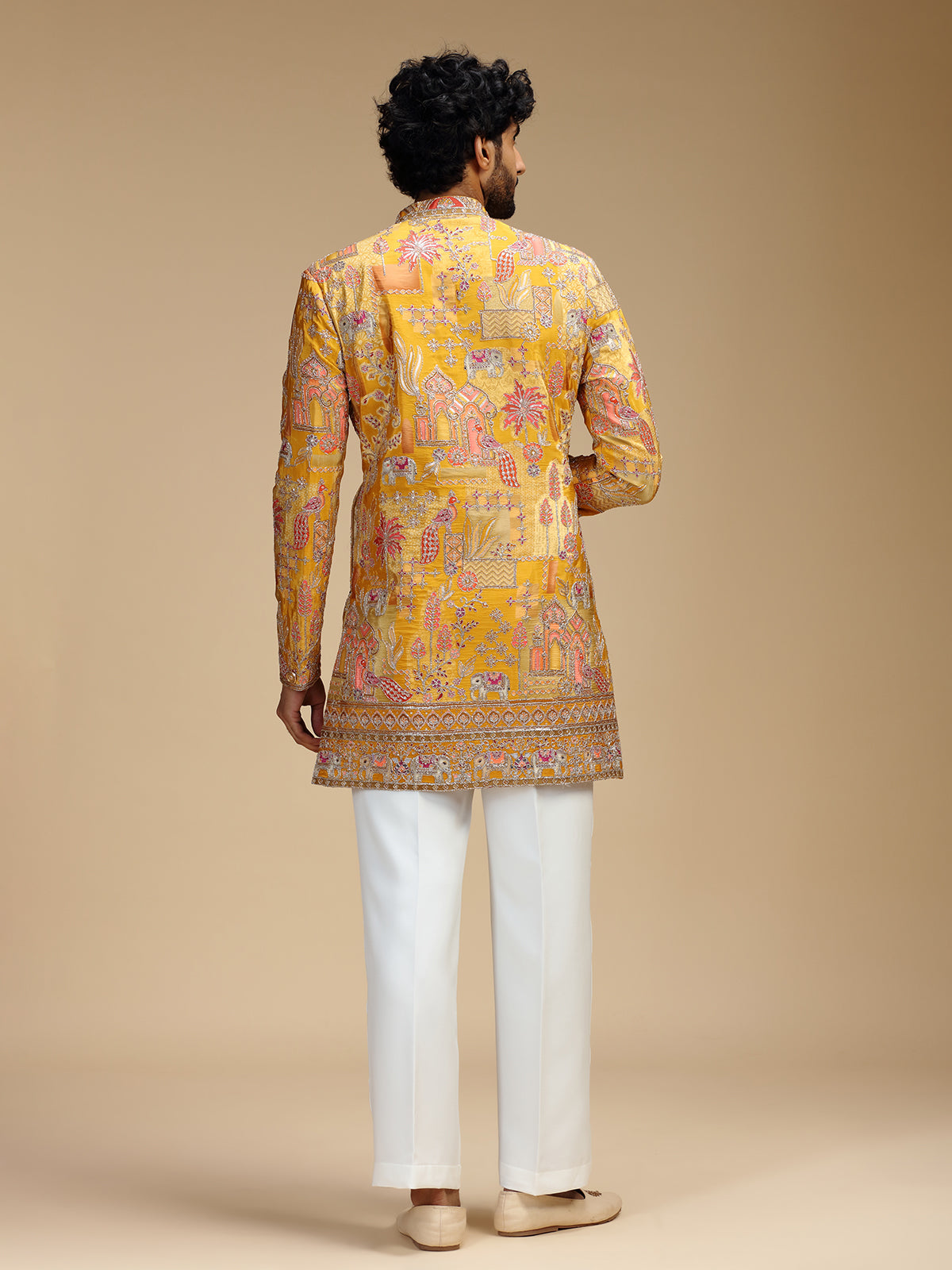 Yellow art silk mens indo western with print
