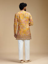 Yellow art silk mens indo western with print