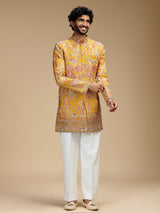 Yellow art silk mens indo western with print