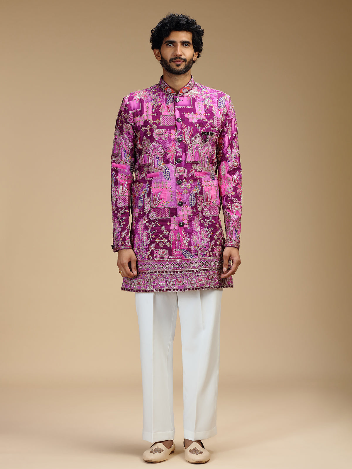 Purple art silk mens indo western with print