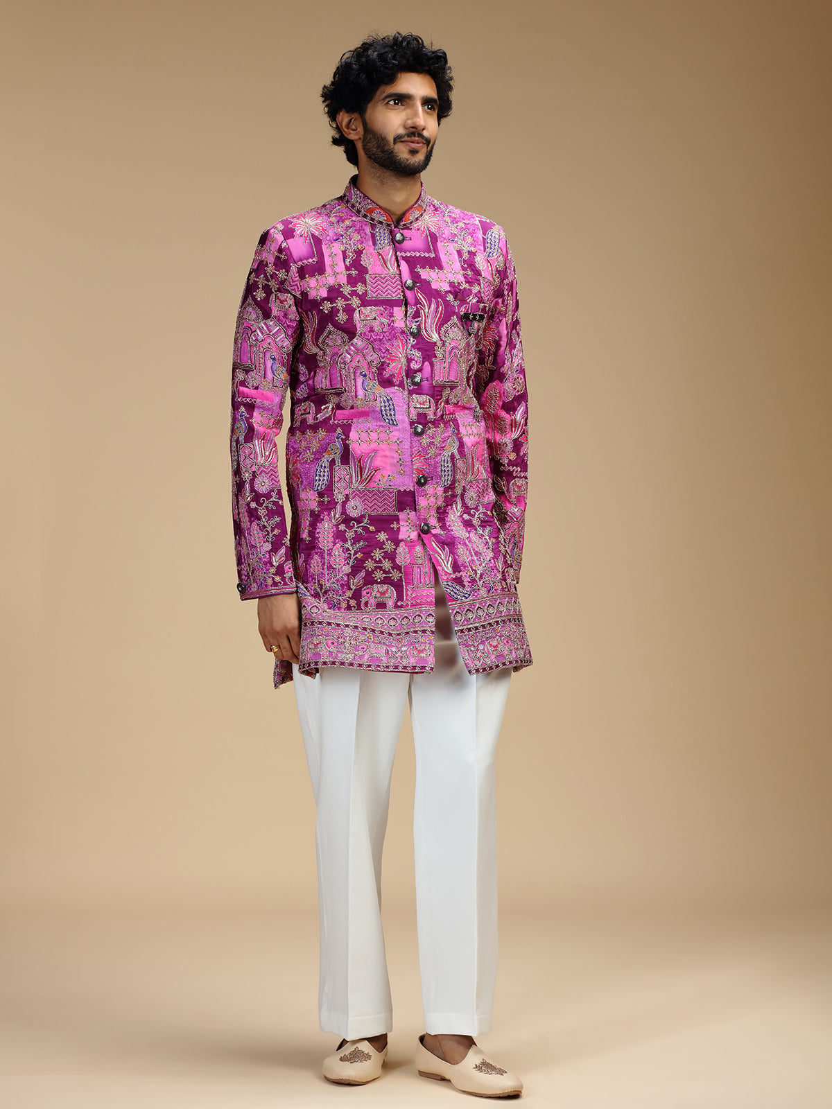 Purple art silk mens indo western with print