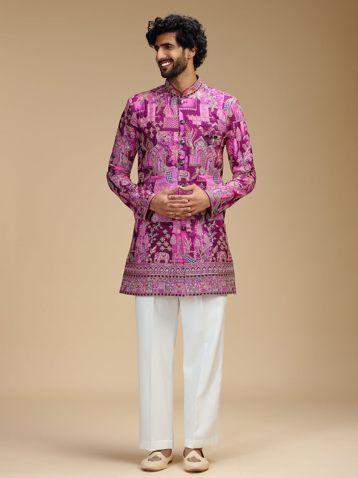 Purple art silk mens indo western with print