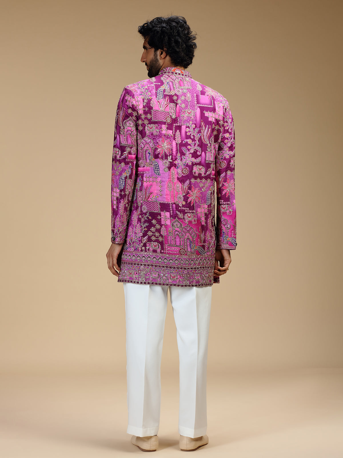 Purple art silk mens indo western with print